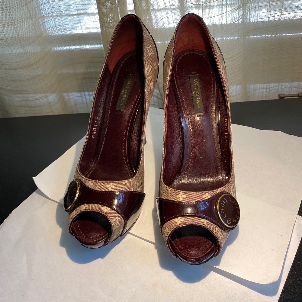Louis Vuitton open pumps heels burgundy mules leather monogram 36.5 platforms - Picture 5 of 9